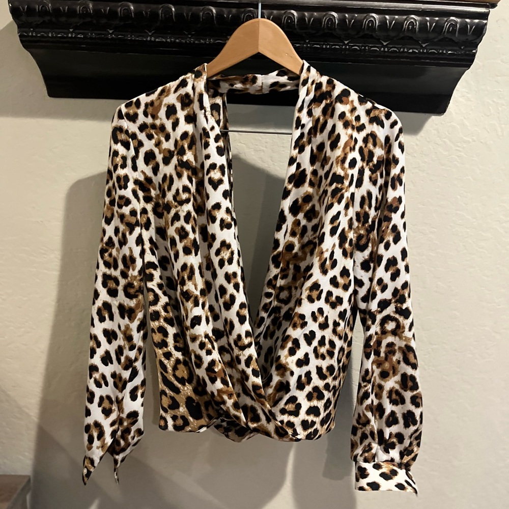 Lush Leopard Low-cut Wrap Blouse Top